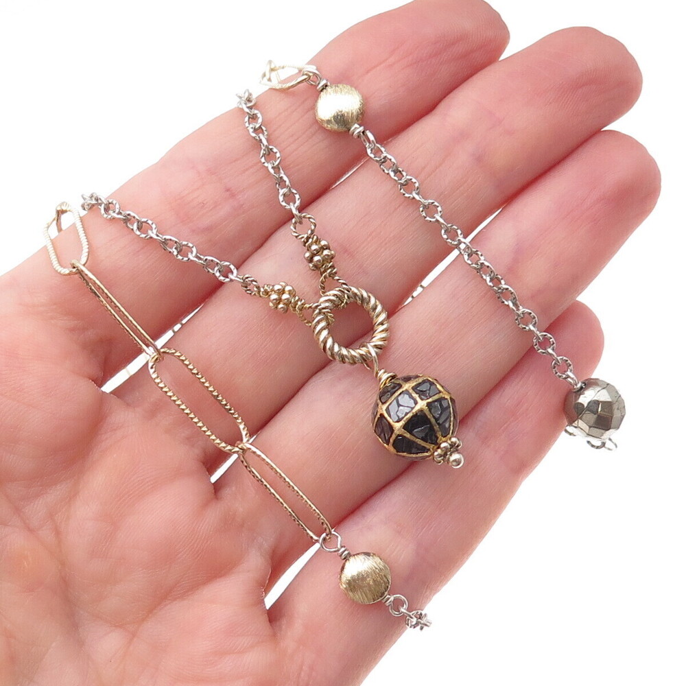 925 Sterling Silver 2-Tone Real Hematite Chain Necklace 38"
